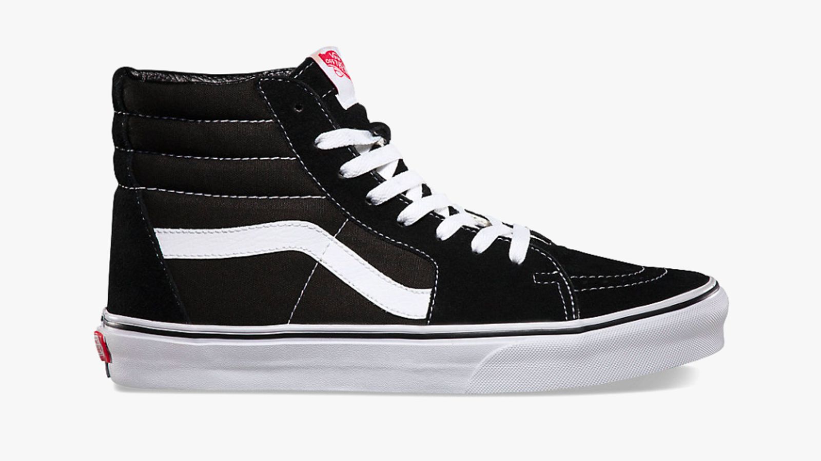 Vans Sk8-Hi product image of a black and white high-top sneaker.