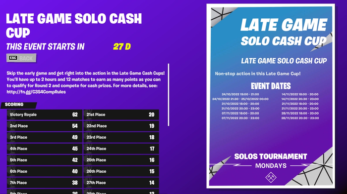 the fortnite late game solo cash cup schedule in full including times