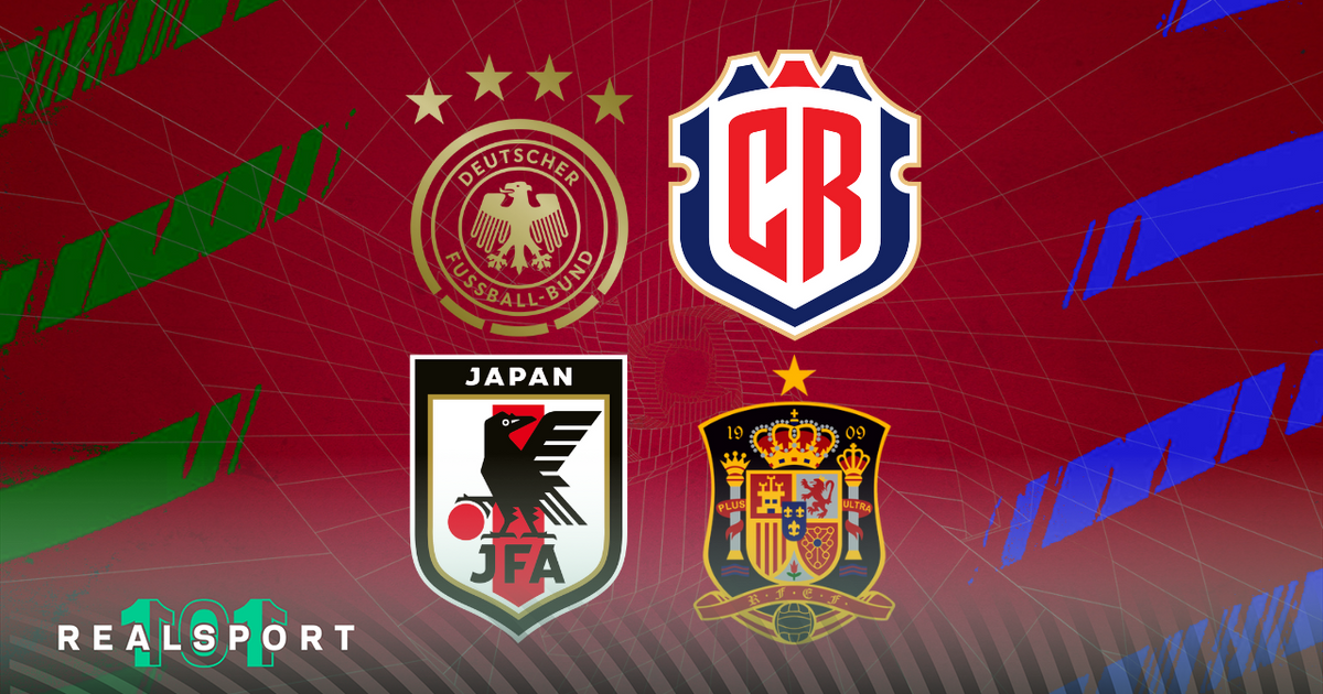 Germany, Spain, Japan and Costa Rica badges with World Cup background