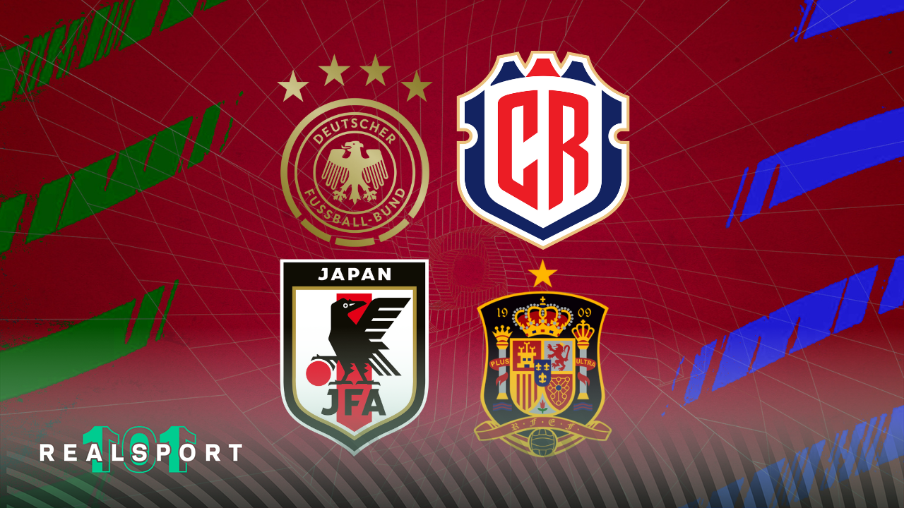 Germany, Spain, Japan and Costa Rica badges with World Cup background