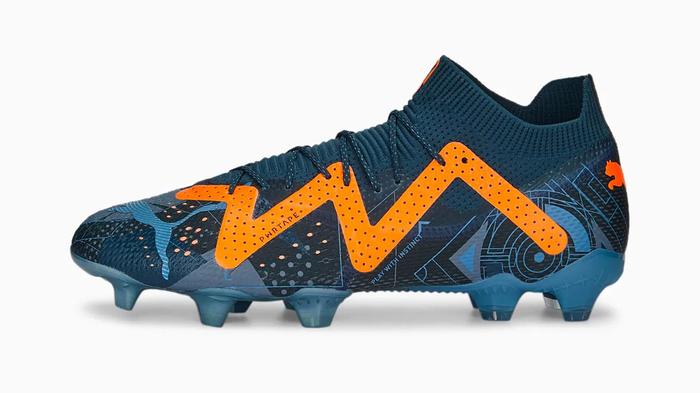 Best football boots PUMA product image of a blue boot with bright orange accents.