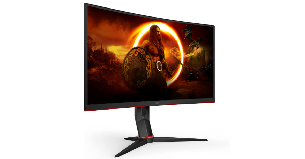 Best monitor for Battlefield 2042 AOC product image of a monitor with a Viking-like warrior on its display.