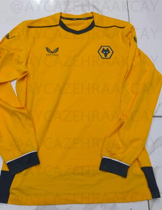 Wolverhampton Wanderers home kit 2022/23 product image of an amber shirt with black and white details.