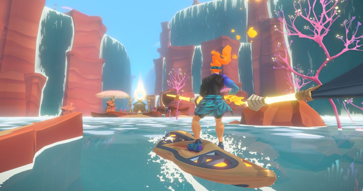 A video game character in black and blue clothes and orange hair riding a board through water in between mountains.