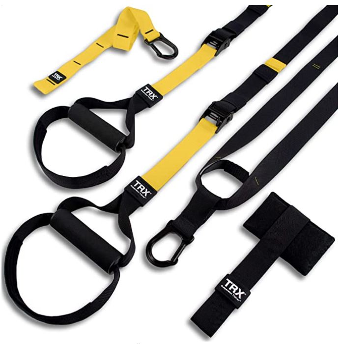 Best resistance bands TRX product image of a black and yellow band next to multiple attachments