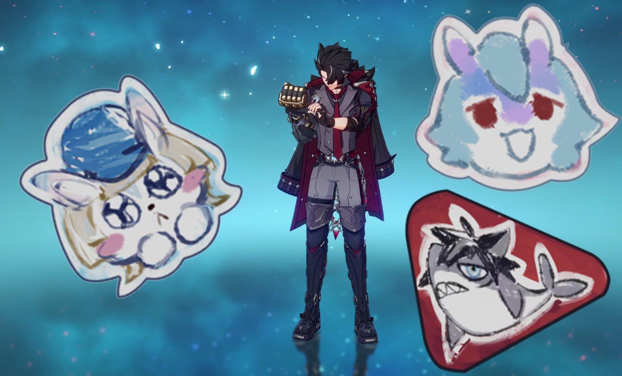 An image that compiles all three stickers visible in Wriothesley's idle animation, shared by Genshin Impact leaker RomanF