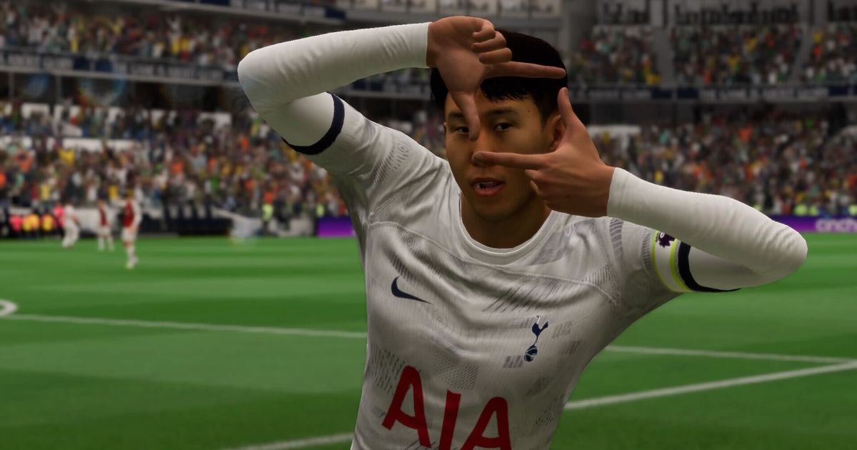 Son in EA FC 24 doing the camera celebration to the camera while wearing the white Tottenham kit.