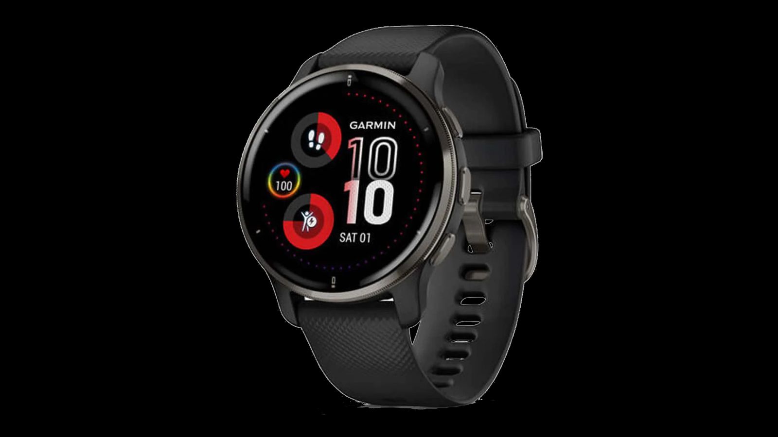 Garmin Venu 2 Plus product image stainless steel smartwatch featuring a black case and silicone band.