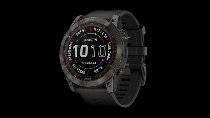 Best Garmin watch for hiking fenix 7X product image of a black smartwatch with the time on the display along with the altitude, rise, etc.