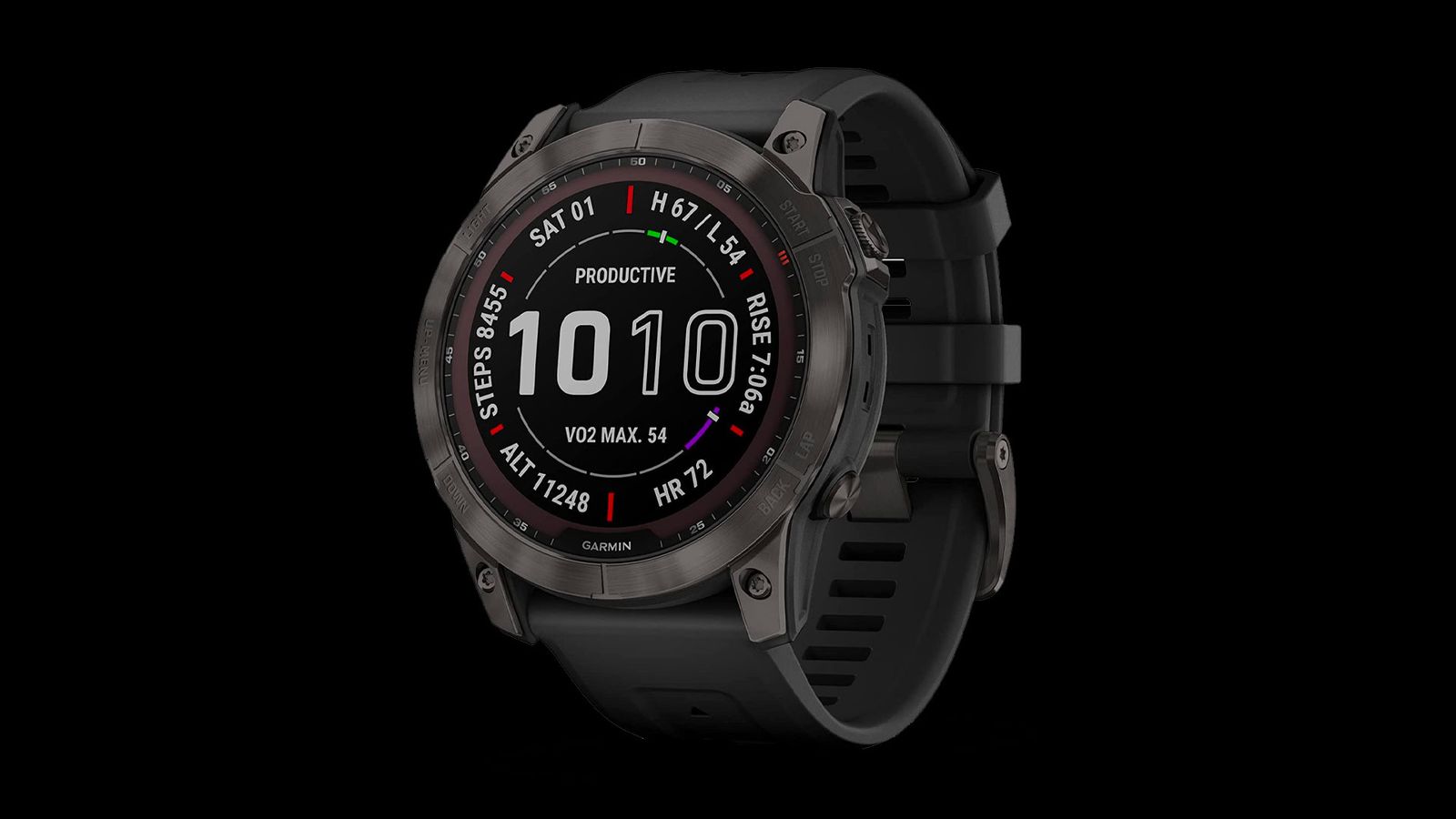 Garmin fēnix 7X Solar Sapphire product image of a black smartwatch with the time on the display along with the altitude, rise, etc.