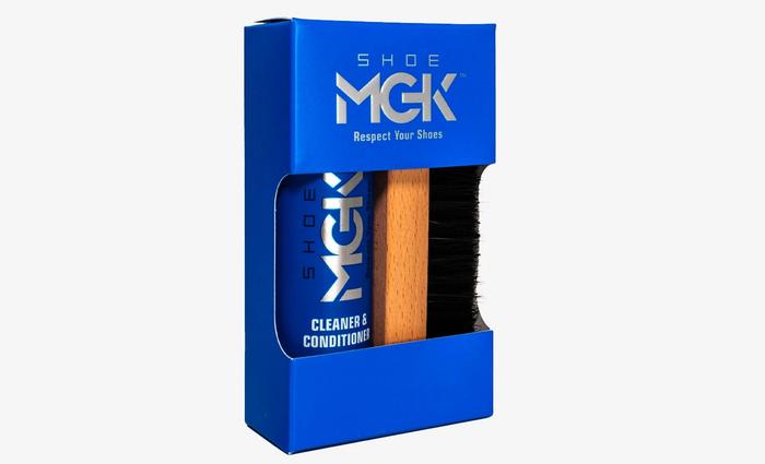 Best suede cleaner for shoes Shoe MGK product image of a blue box containing a blue bottle and shoe brush.