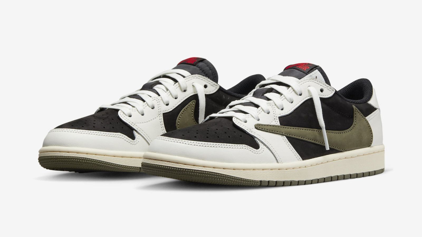 Travis Scott x Air Jordan 1 Low "Olive" product image of a sail, black, and olive low-top featuring red accents.