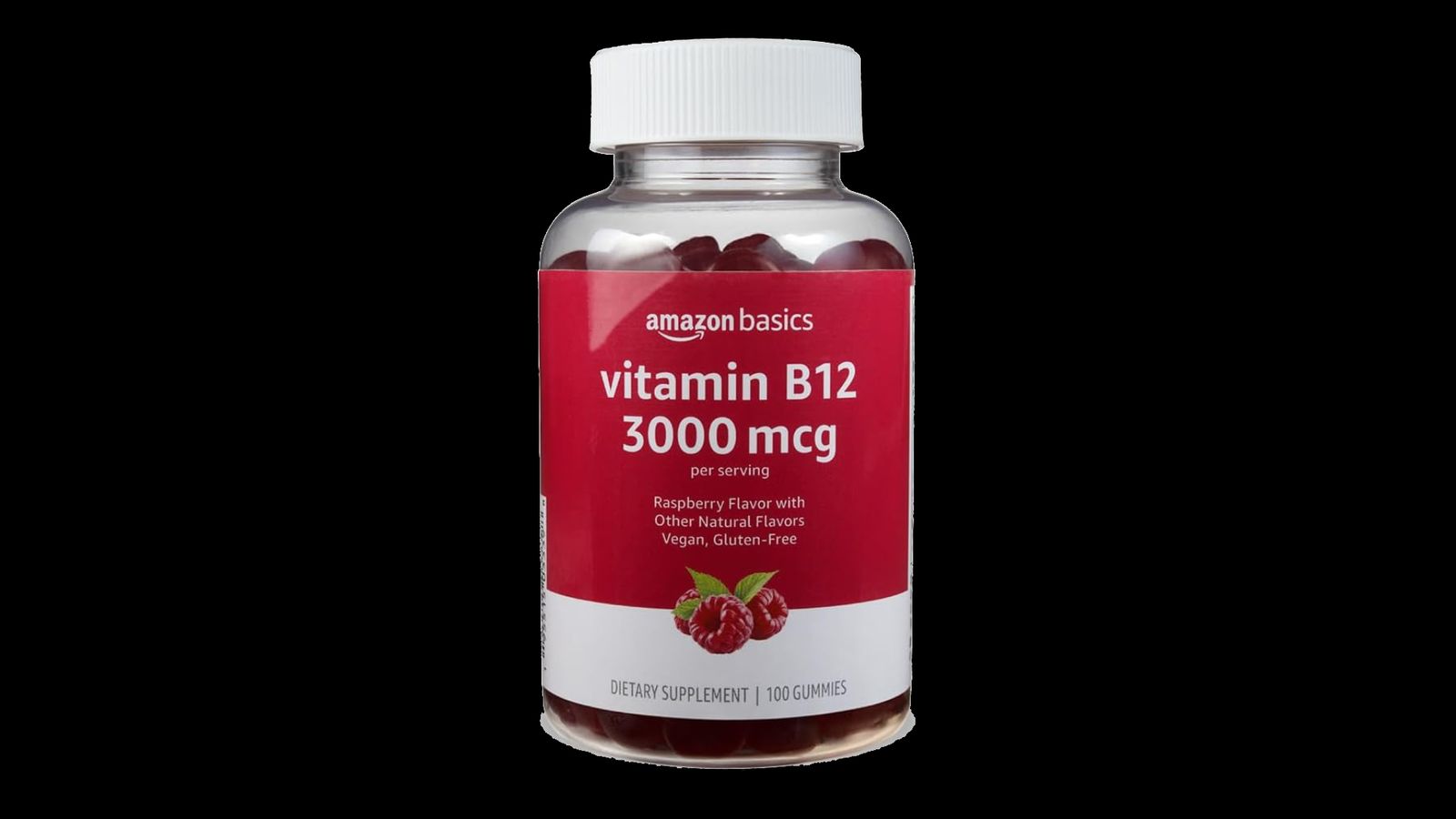 Amazon Basics Vitamin B12 product image of a clear container with a red label featuring raspberry graphics.