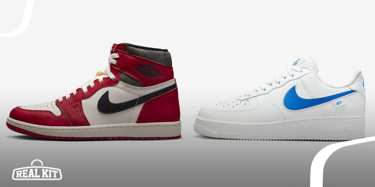Image of the white, red, and black "Lost and Found" Jordan 1 next to a white Air Force 1 featuring a blue Swoosh.
