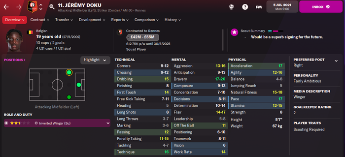 Jeremy Doku Player Profile Football Manager 2022