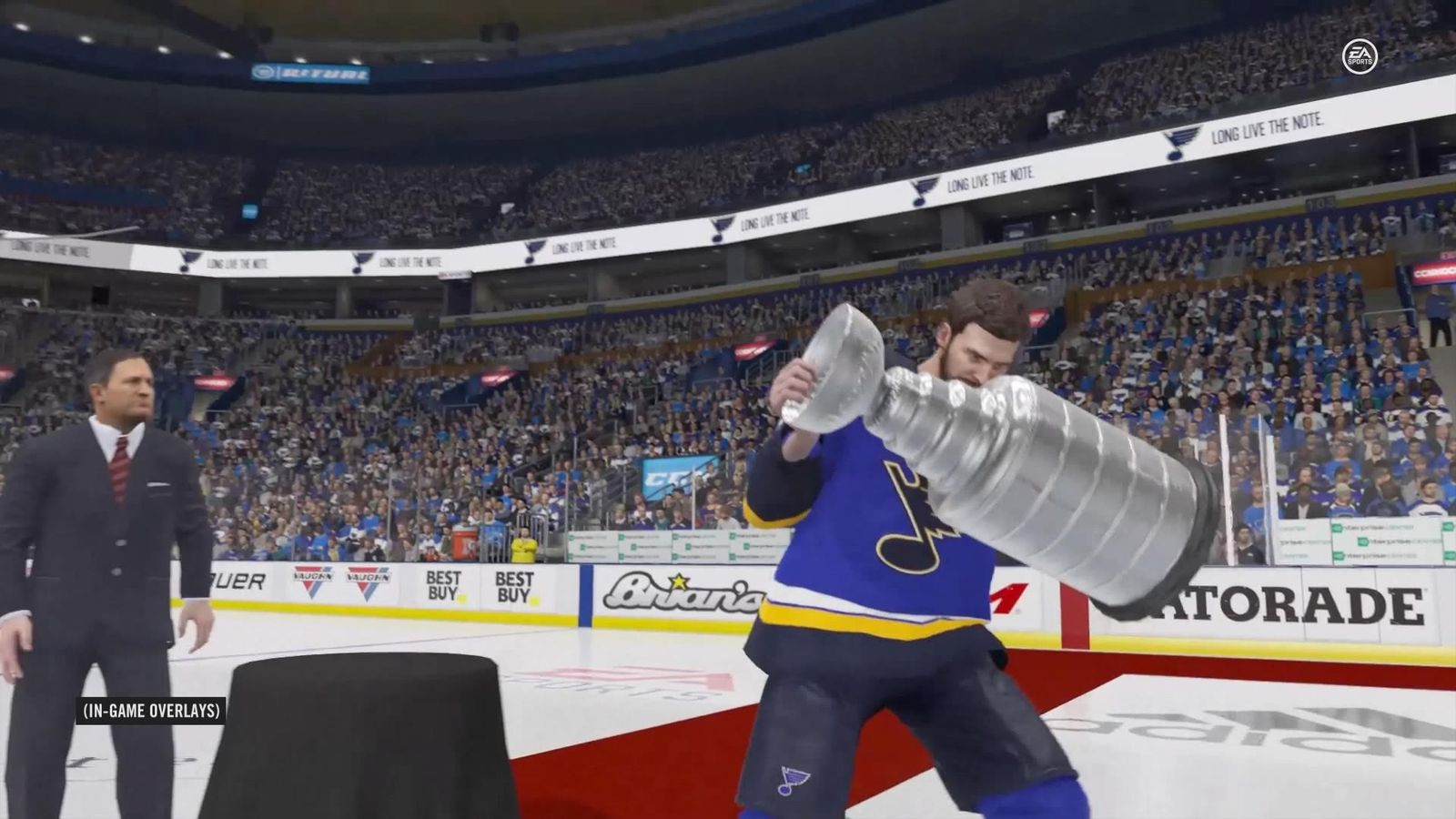 The St Louis Blues hold the Stanley Cup after winning their final playoff series.