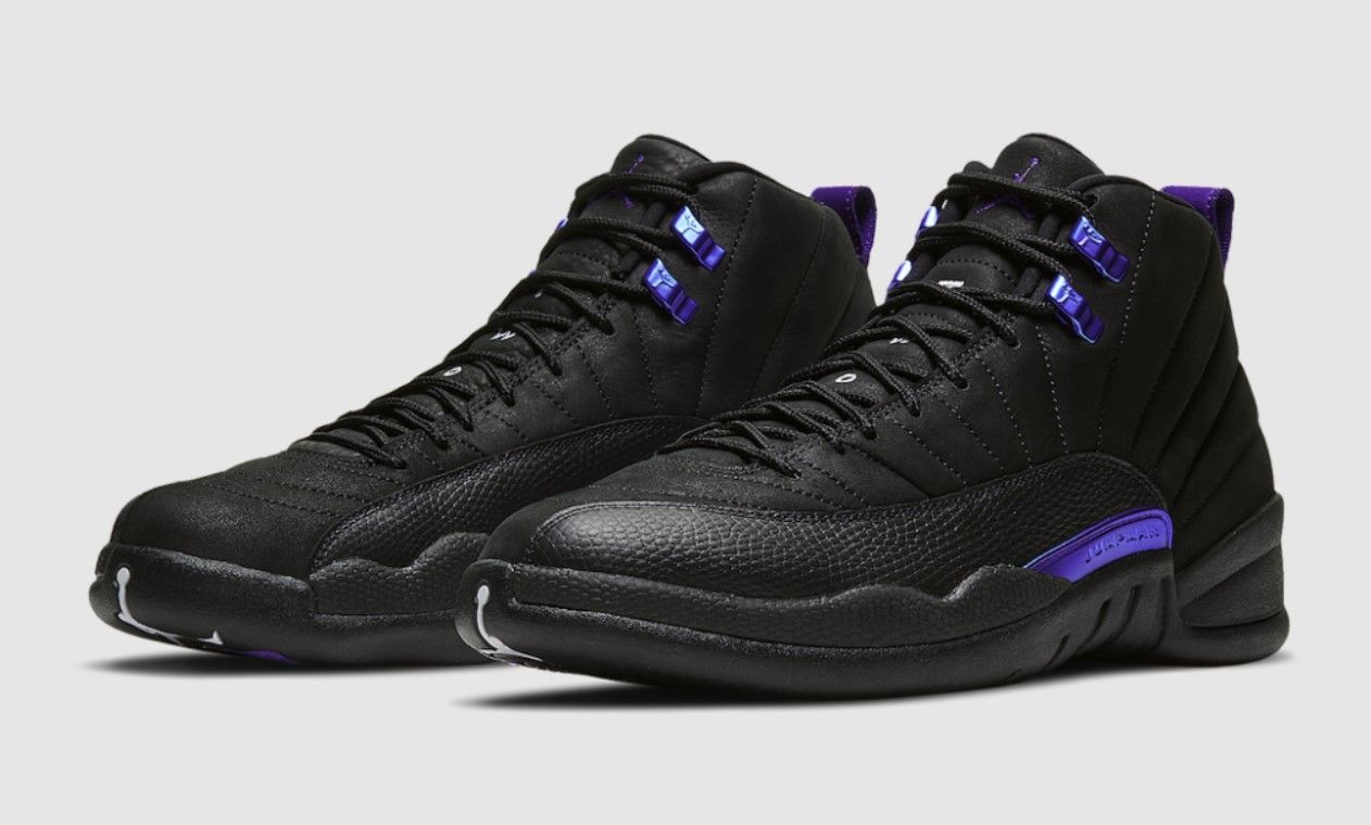 Air Jordan 12 "Black Concord" product image of a pair of black sneakers with purple accents.