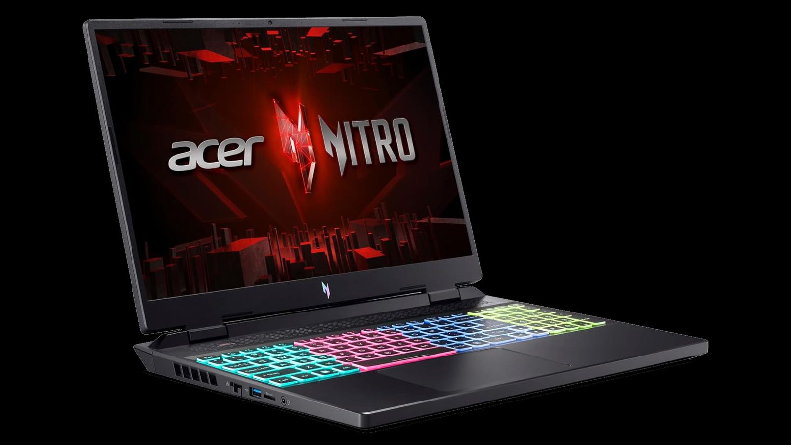 Acer Nitro 16 product image of a black laptop with multicoloured backlit keys and red Acer branding on the screen.