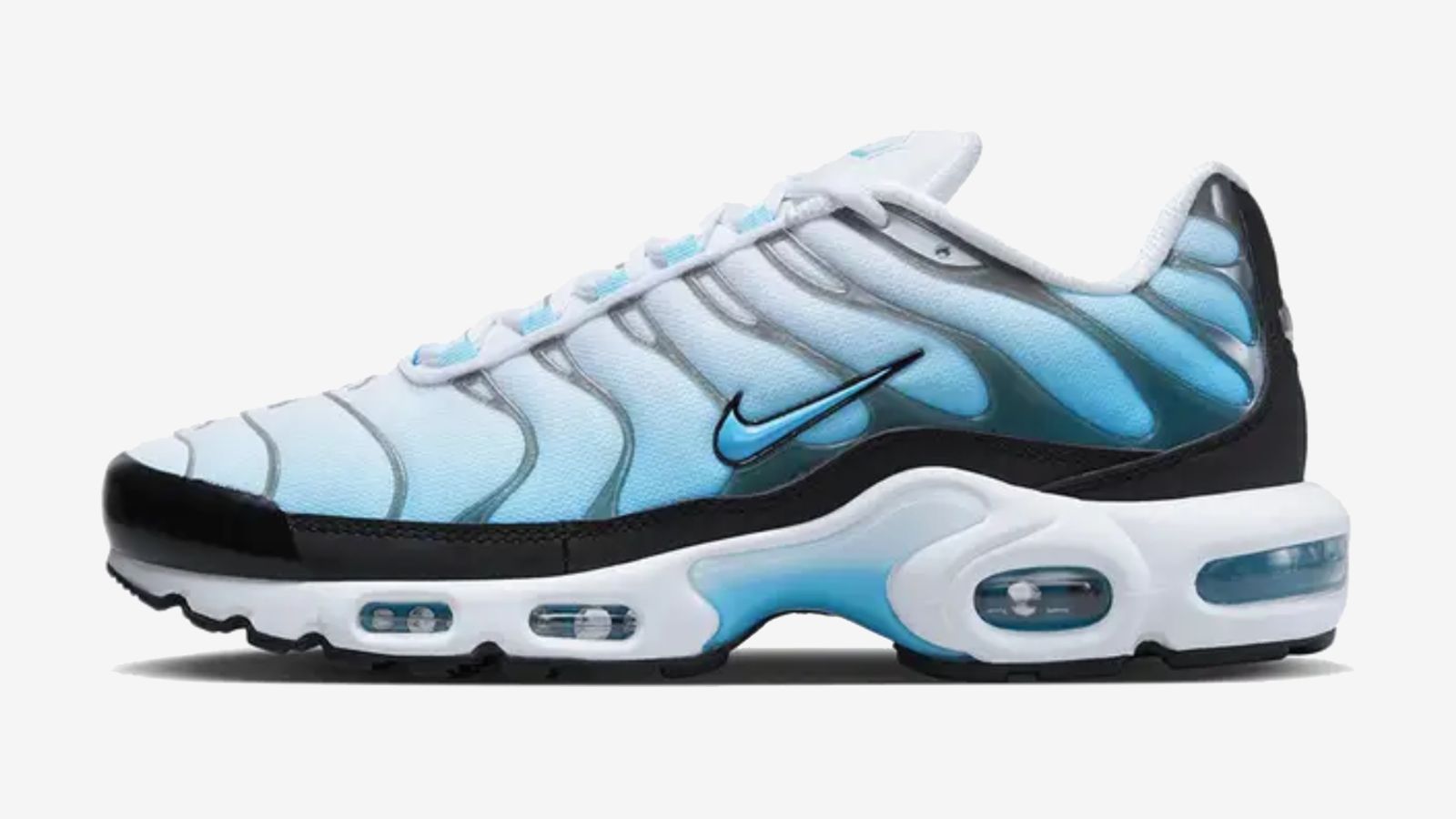 Nike Air Max Plus "Baltic Blue" product image of a white-to-blue gradient sneaker with black details.