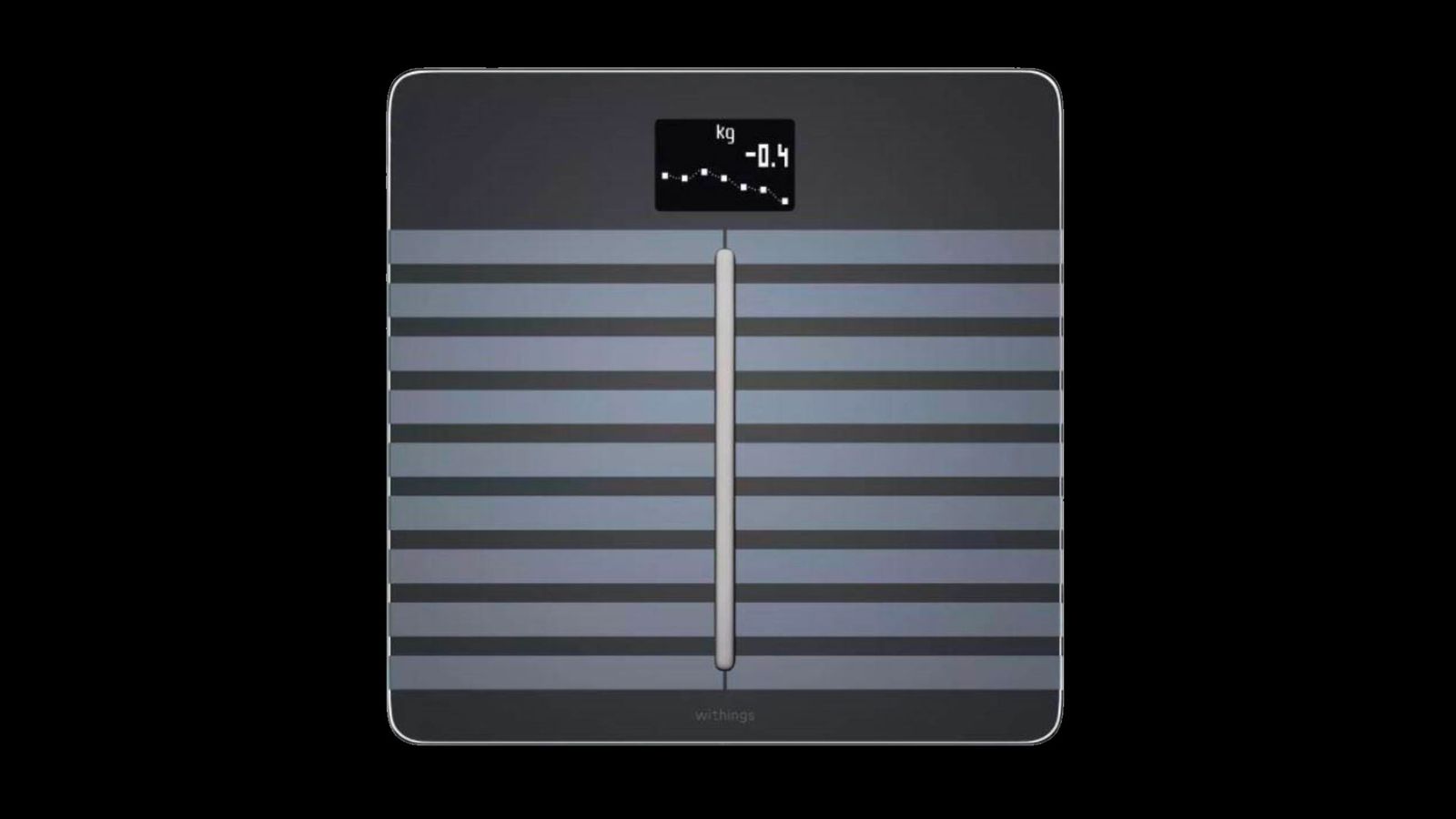 Withings Body Cardio product image of a black scale featuring grey stripes and an accompanying smartphone on the right side.