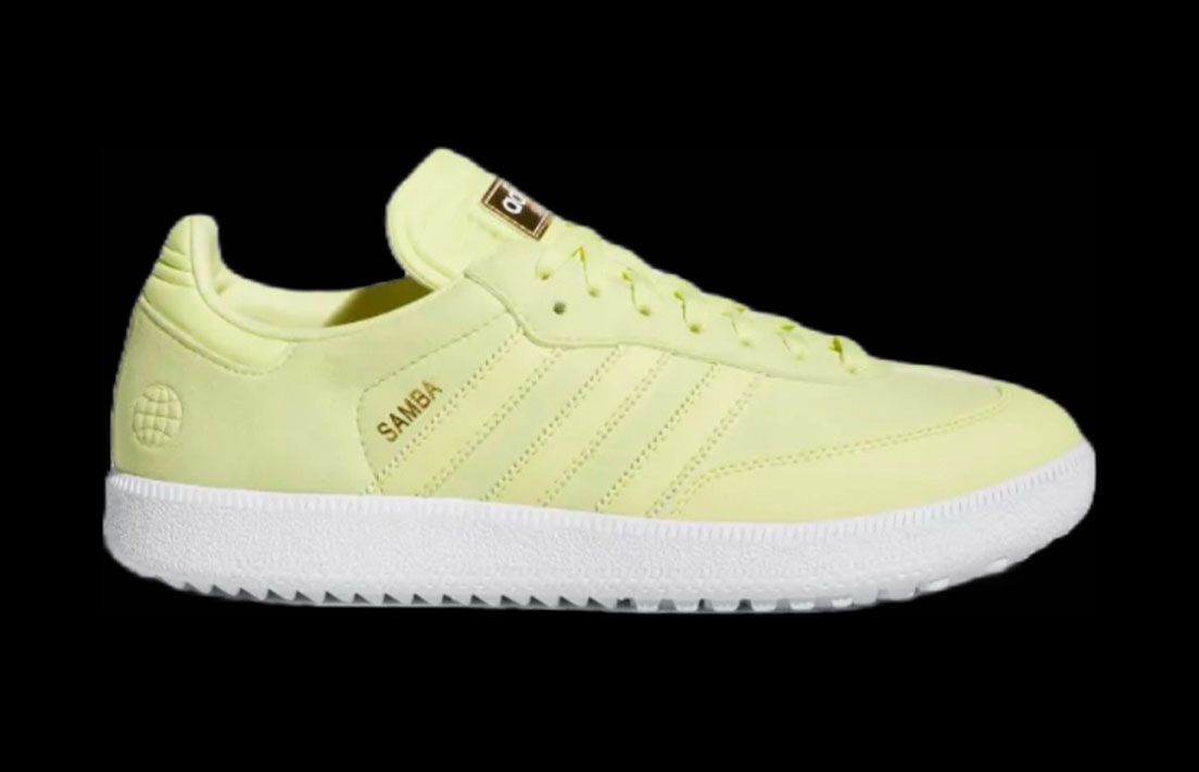 adidas Samba Golf product image of a light yellow shoe with a white midsole.