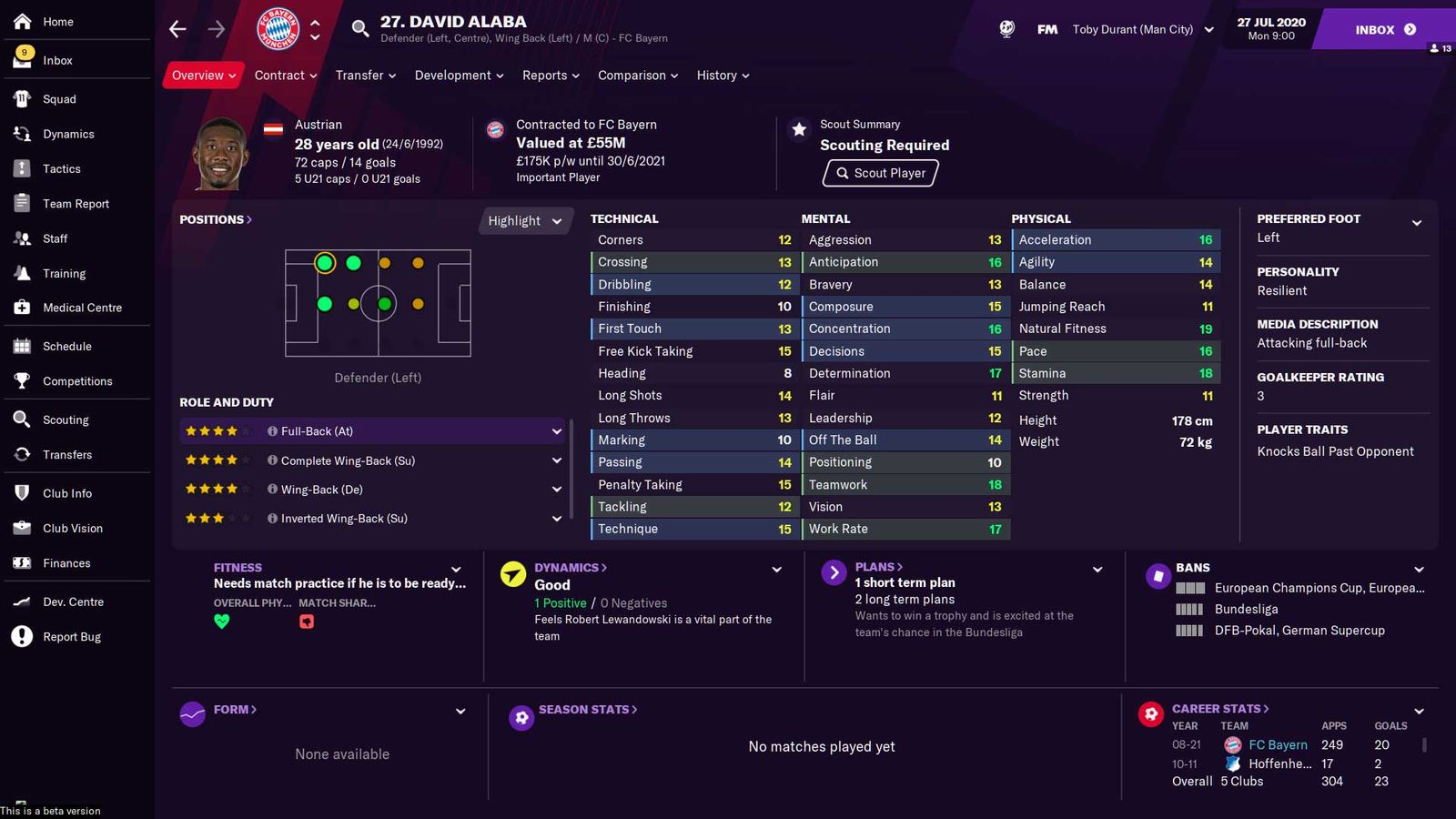 David Alaba's stats in Football Manager 2021