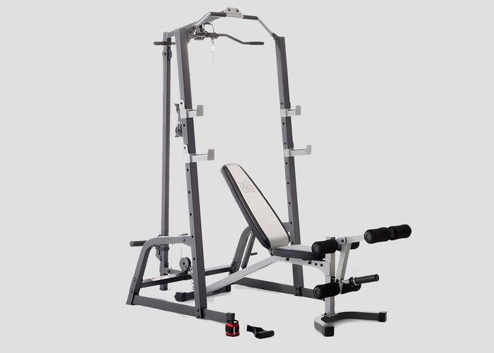 Best multi gym under 500 Marcy product image of a black and silver steel squat rack frame with bench.
