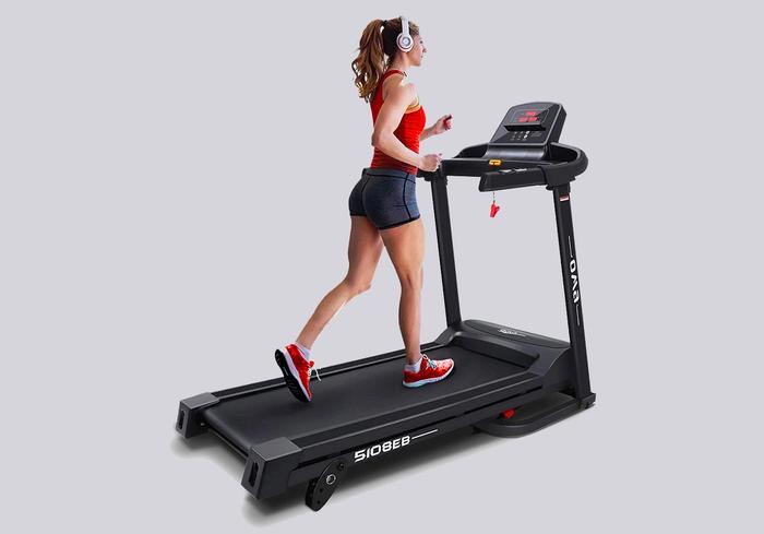 Best treadmill under 500 OMA product image of a black treadmill with a white writing on the side.