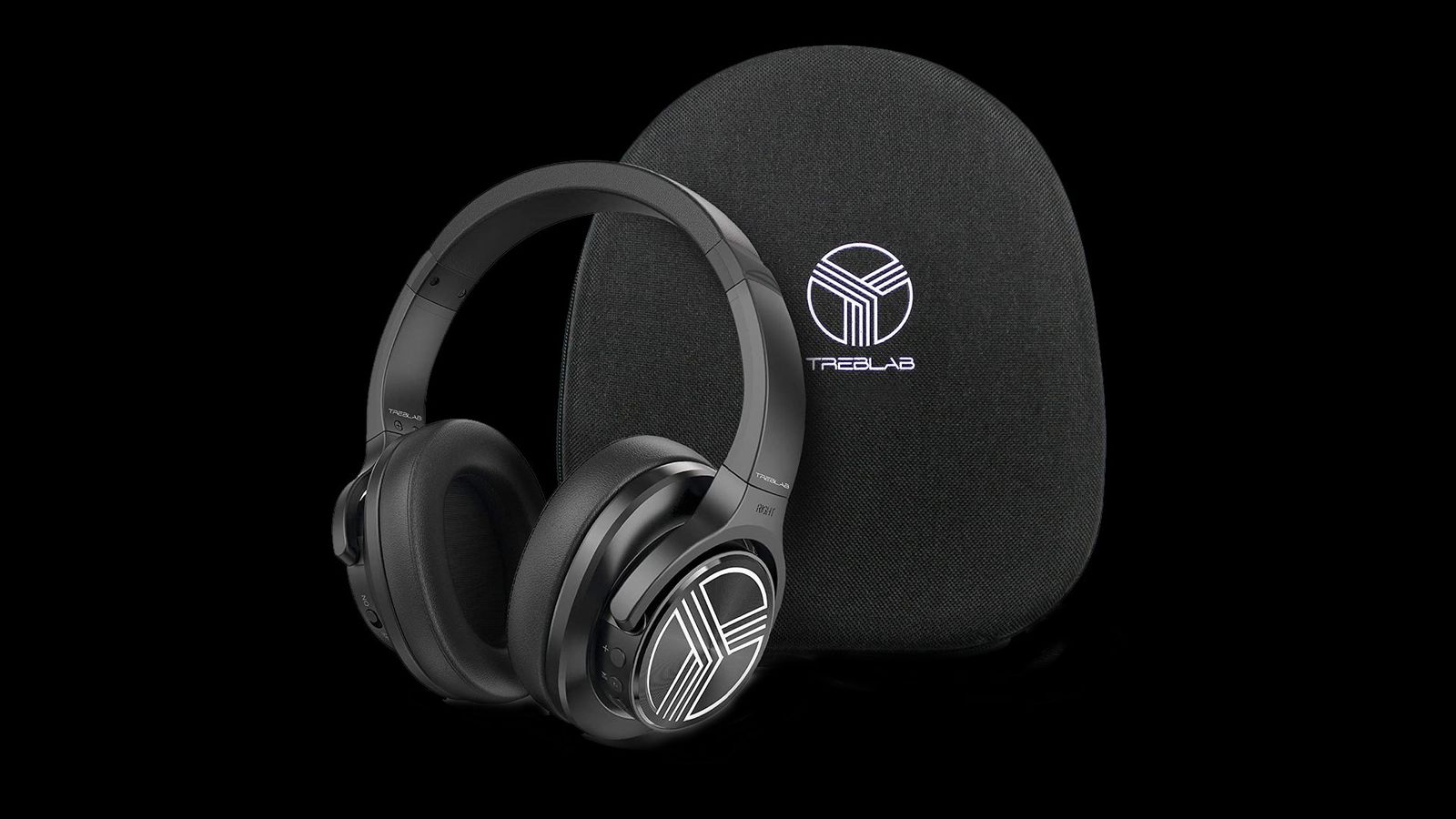 TREBLAB Z2 product image of a set of black over-ear headphones with case.