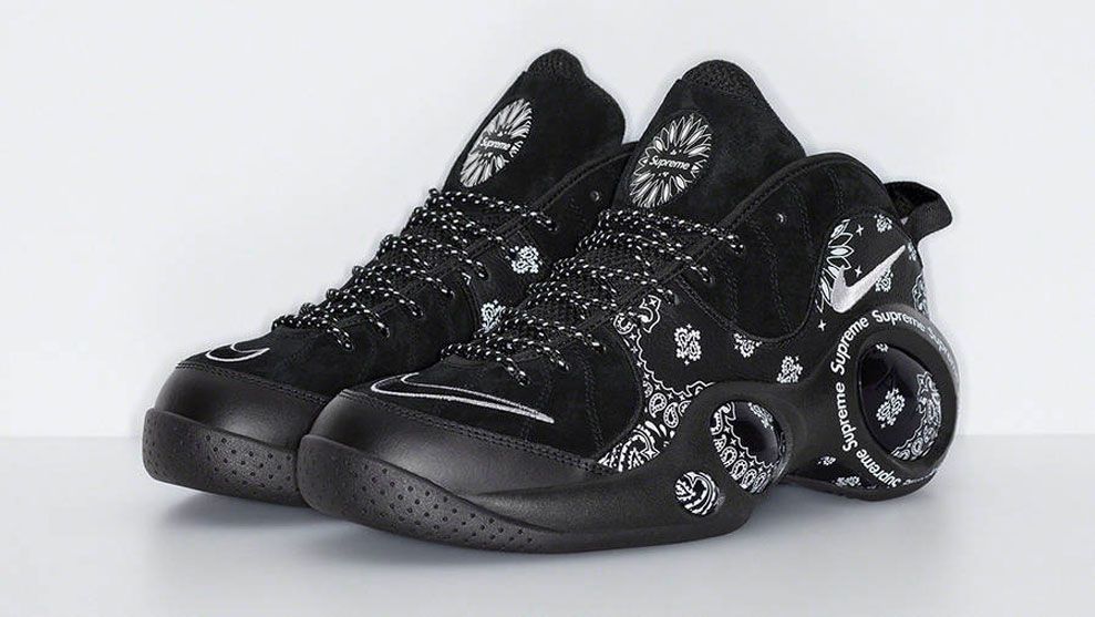 Supreme x Nike Zoom Flight 95 "Black" product image of a black pair of sneakers with white paisley details.