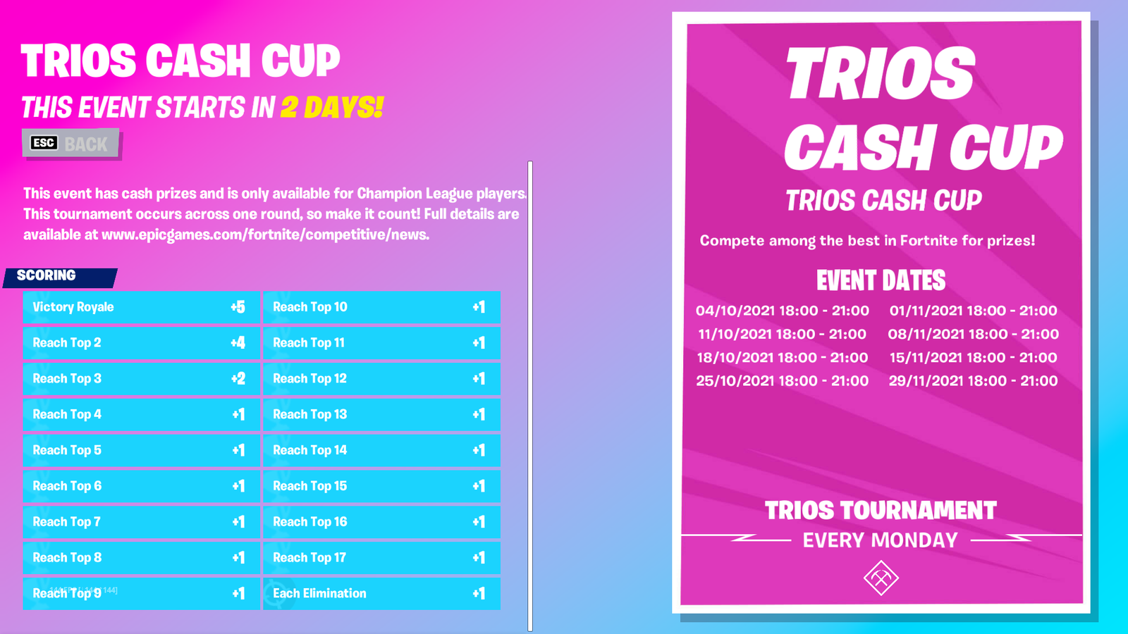Start Time and Points for Trios Cash Cup