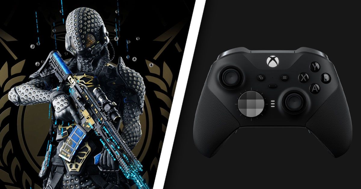 Blackcell from Warzone holding a gold, black, and blue camo gun on one side of a white line. On the other, a black Xbox Elite Series 2 controller in front of a grey background