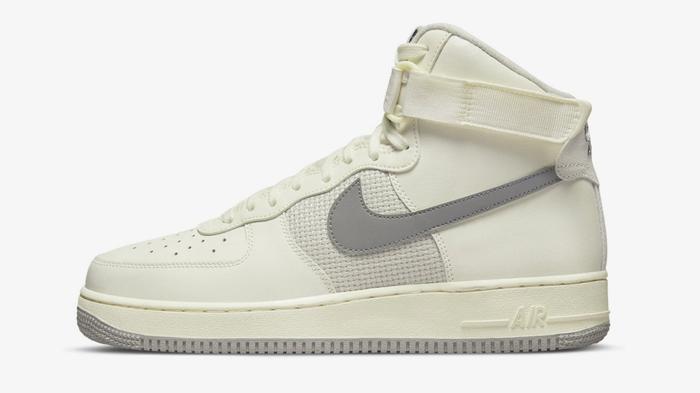Best Air Force 1 "Vintage Sail" product image of a high-top sneaker dressed in light cream and grey.
