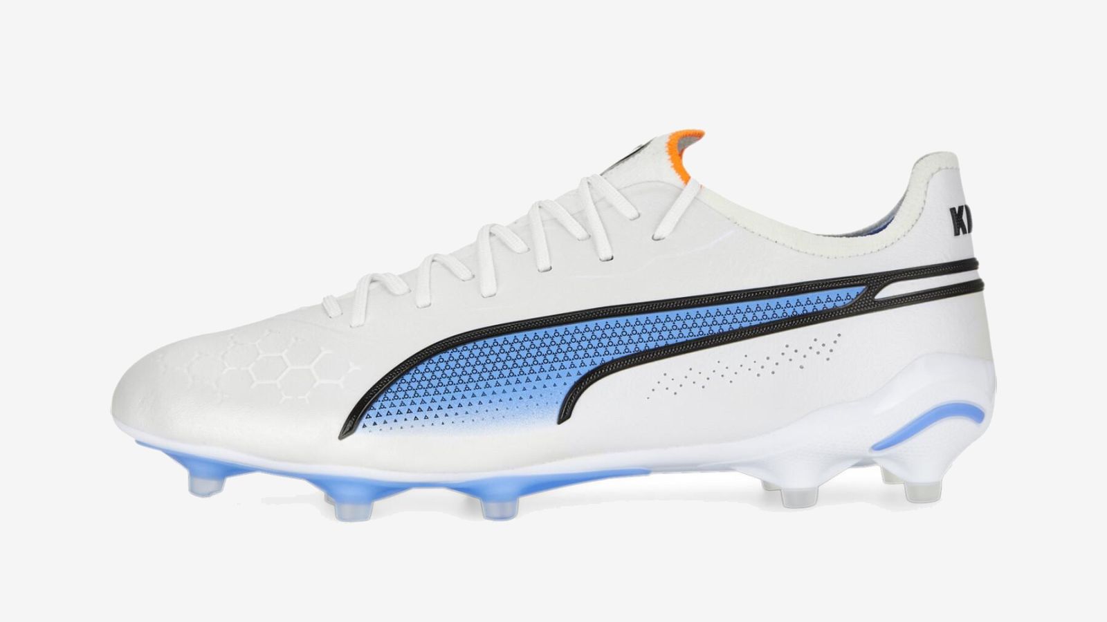 PUMA King Ultimate product image of a white boot with blue and black details and an orange tongue.