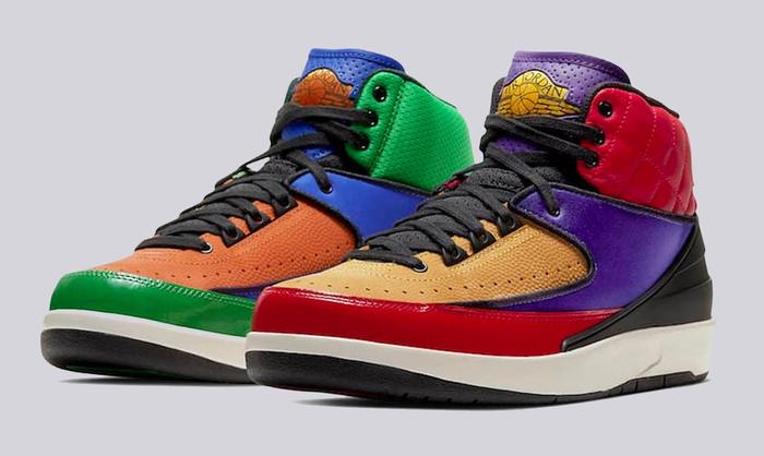 Best Air Jordan 2 colorways "Multi-Color" product image of a mismatched pair of sneakers dressed in multiple colors and black.