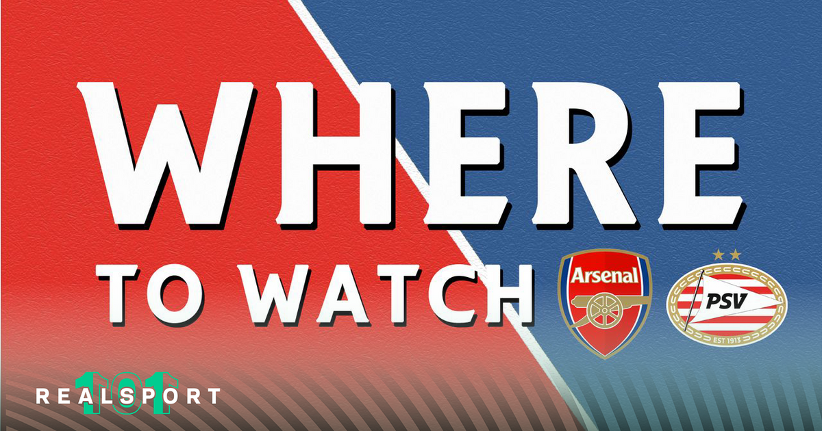 Arsenal and PSV Eindhoven badges with Where to Watch text