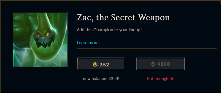Box showing a purchase of the champion Zac from League of Legends