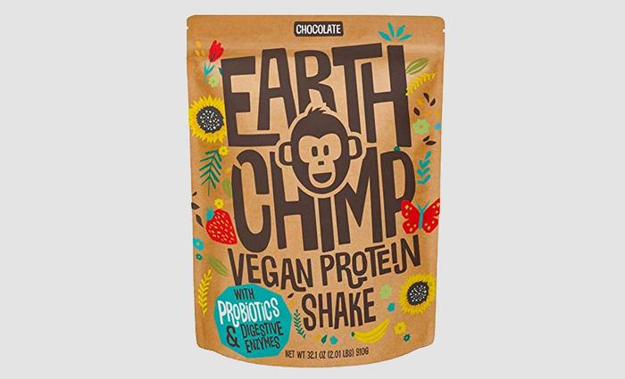 Best vegan protein powder EarthChimp product image of a brown packet with an image of a monkey in the logo.