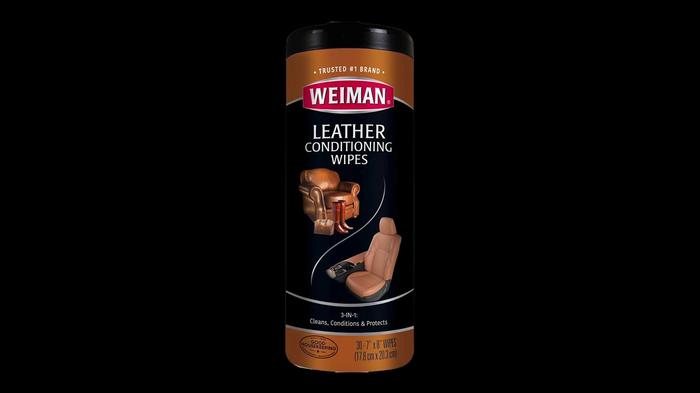Best leather cleaner for shoes - Weiman Leather Cleaner & Conditioner Wipes product image of a black and brown container with red branding.
