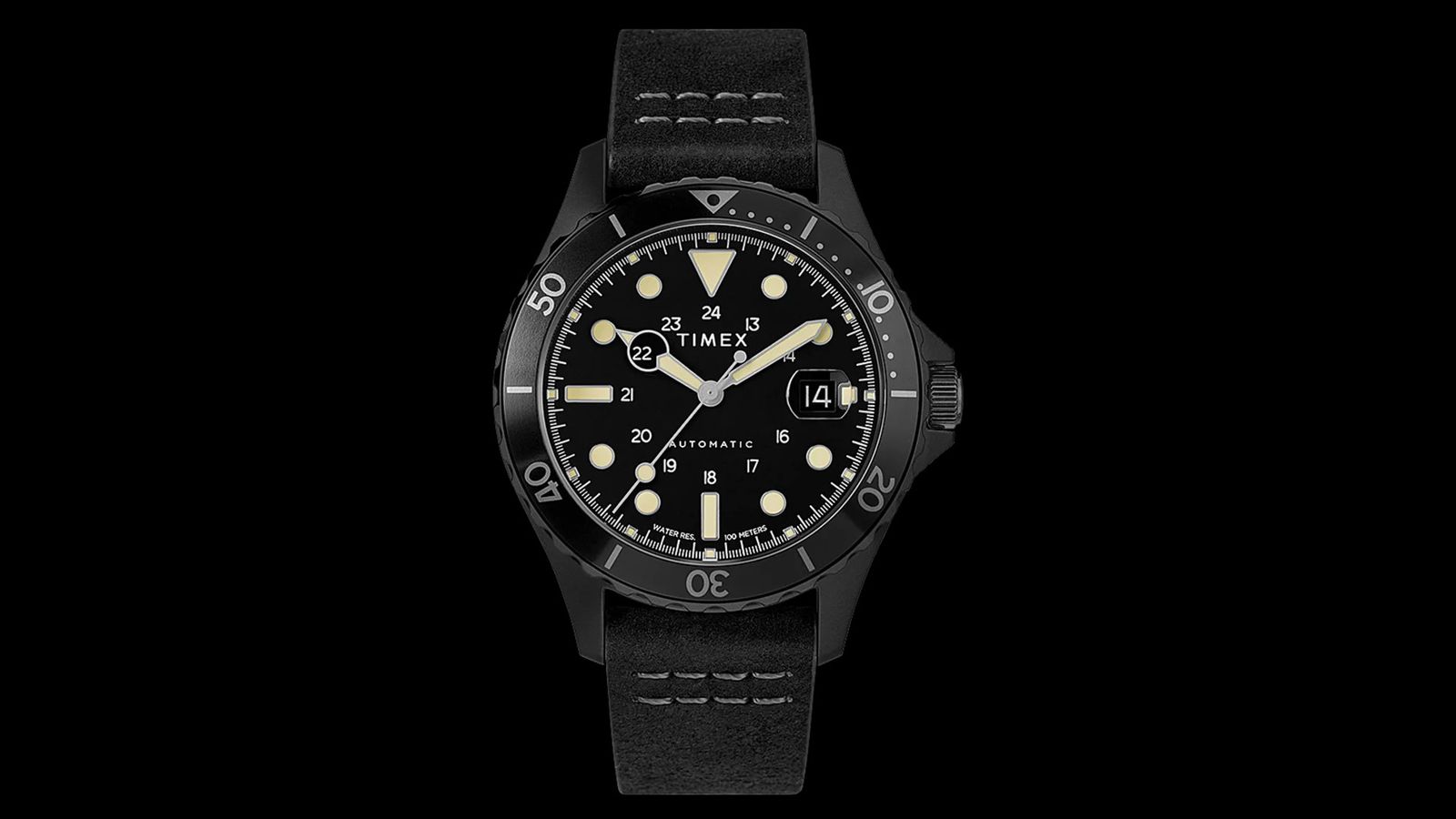 Timex Navi XL Automatic product image of an all-black watch with a leather band. 
