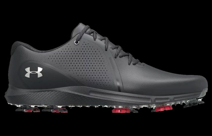 Best golf shoes under 100 Under Armour product image of a black leather shoe with black and red spikes.