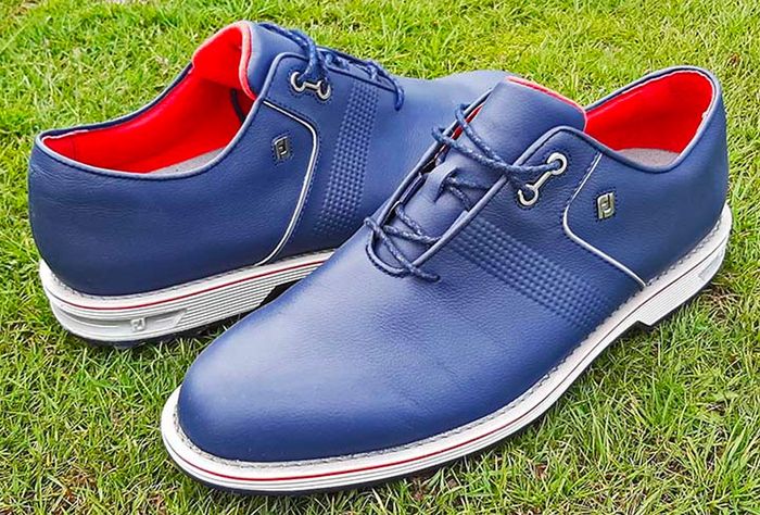 FootJoy product image of a pair of blue leather golf shoes.