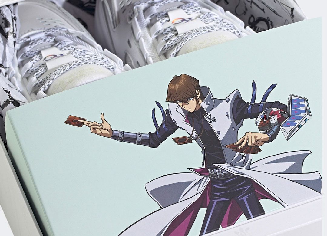 Yu-Gi-Oh! x adidas ADI2000 product image of a custom white box with a graphic of Seto on the front.