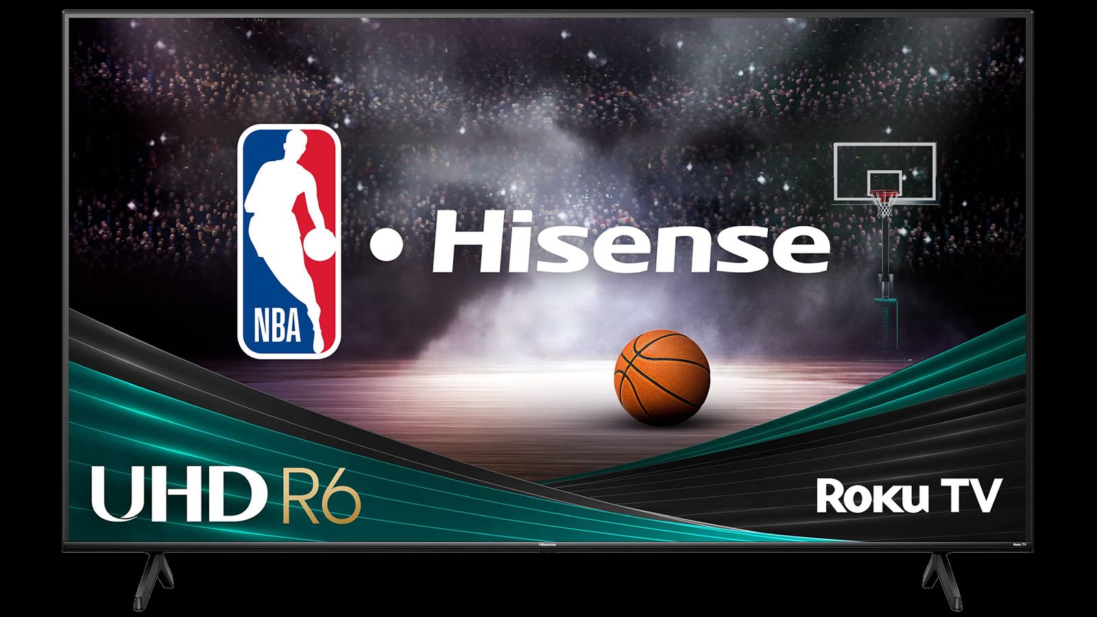 Hisense R6 product image of a black TV featuring the NBA logo and white Hisense branding in front of a basketball hoop on the display.