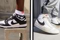 Someone in a black and white Nike Dunk low-top on the left. On the right, someone in grey tracksuit trousers wearing white Nike Blazer Mids with black Swooshes down the side.
