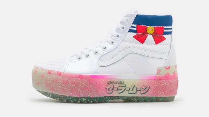Best Vans shoes Sk8-Hi Stacked product image of a pair of Pretty Guardian Sailor Moon-themed white sneakers.