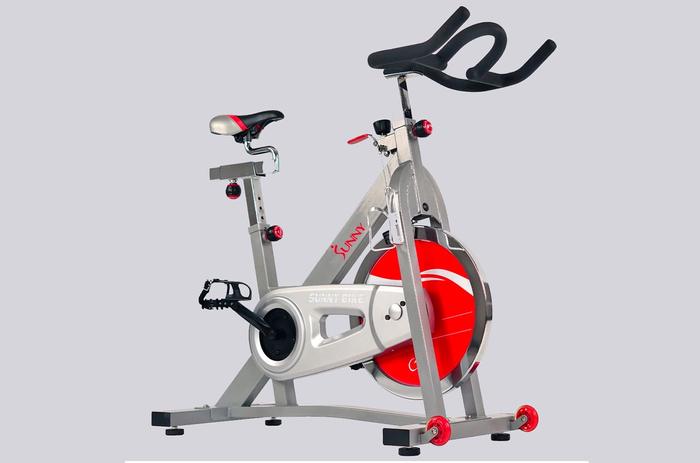 Best exercise bike Sunny Health & Fitness product image of a silver-framed bike with red details.