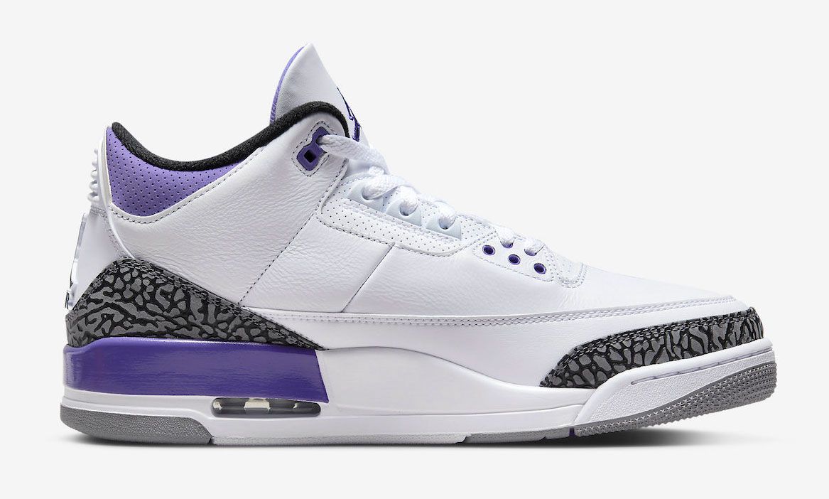 Air Jordan 3 "Dark Iris" product image of a white sneaker with purple and black elephant print details. 