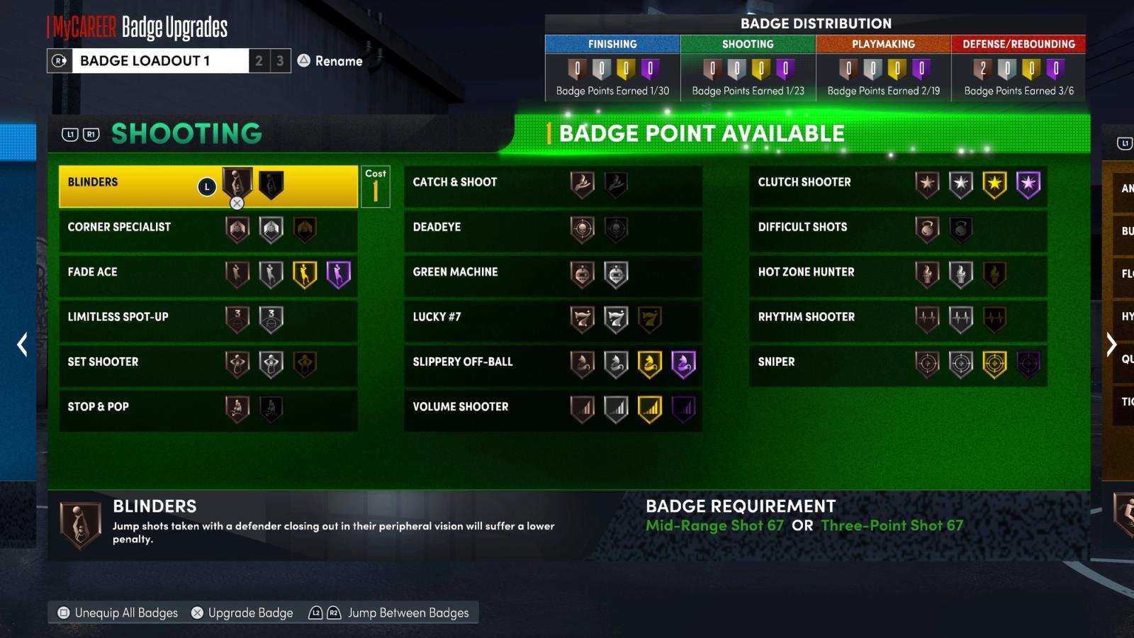 The Shooting Badges screen in NBA 2K22