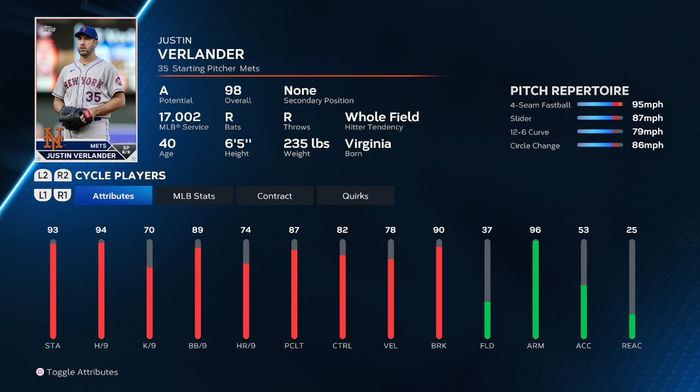 Justin Verlander's player card in MLB The Show 23